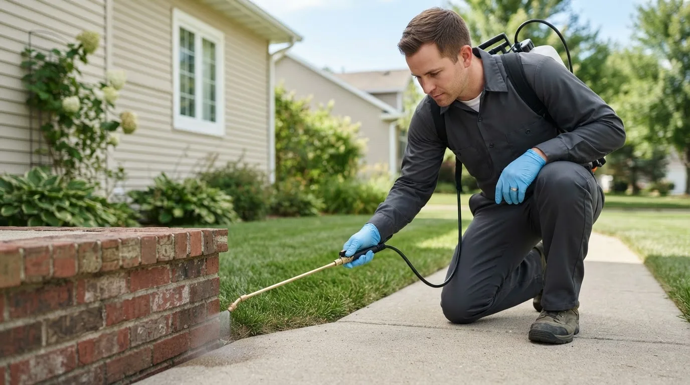 Pest control technician treating a home near Keenes, IL