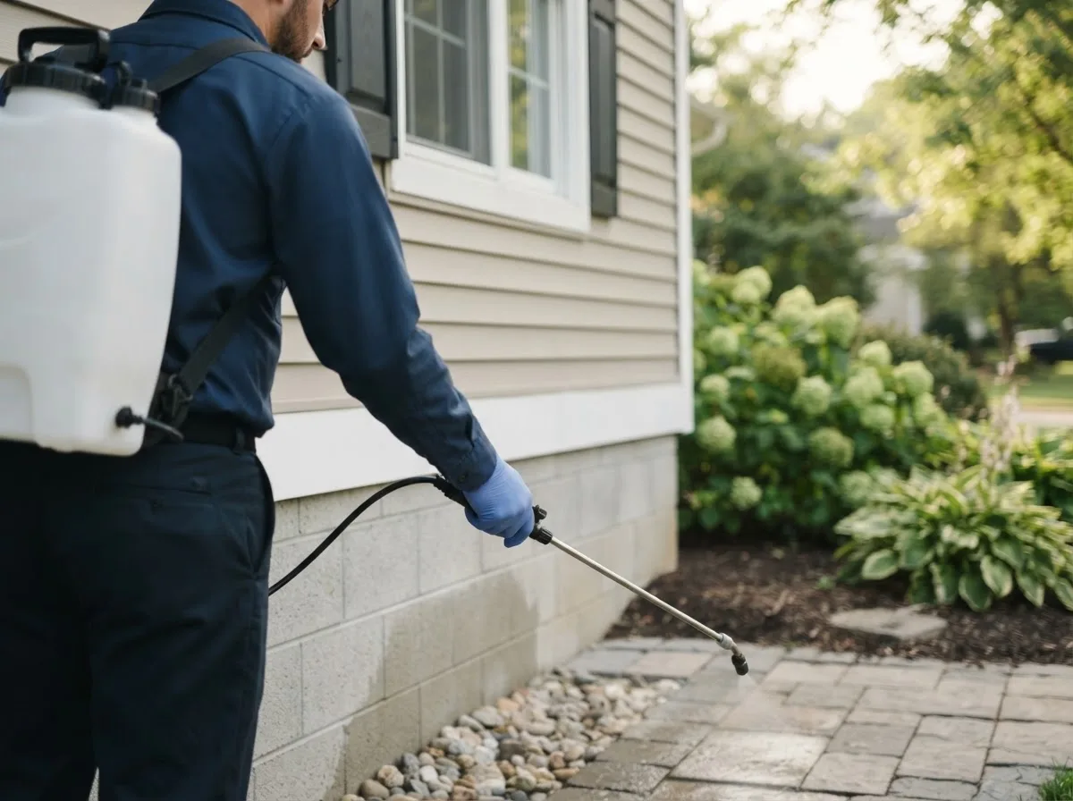 Pest control technician inspecting a home in Keenes, IL
